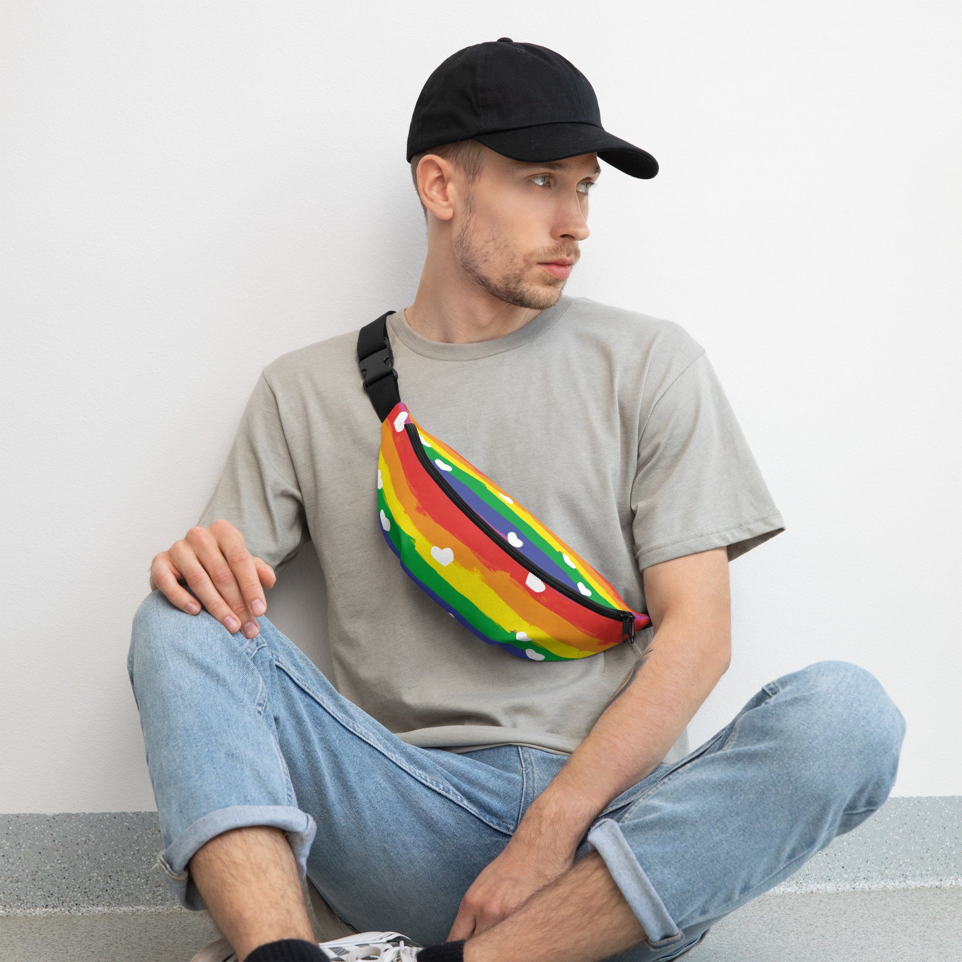 LGBT Heart Fanny Pack with a man wearing side view 