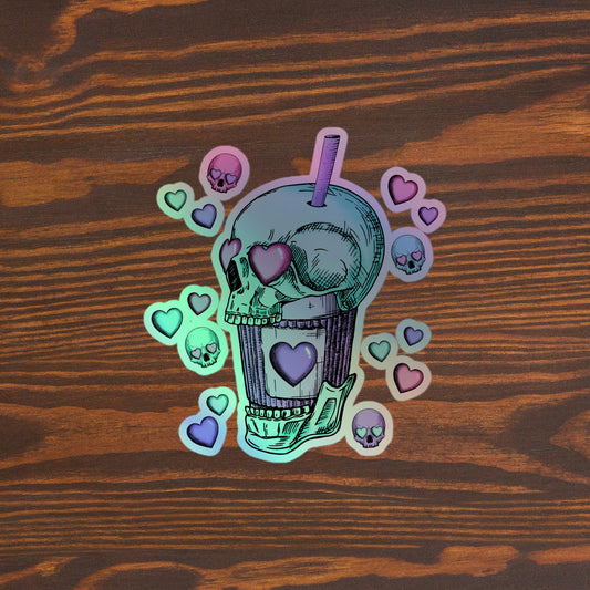 Creepy Skull Boba Bubble Tea Holographic Sticker